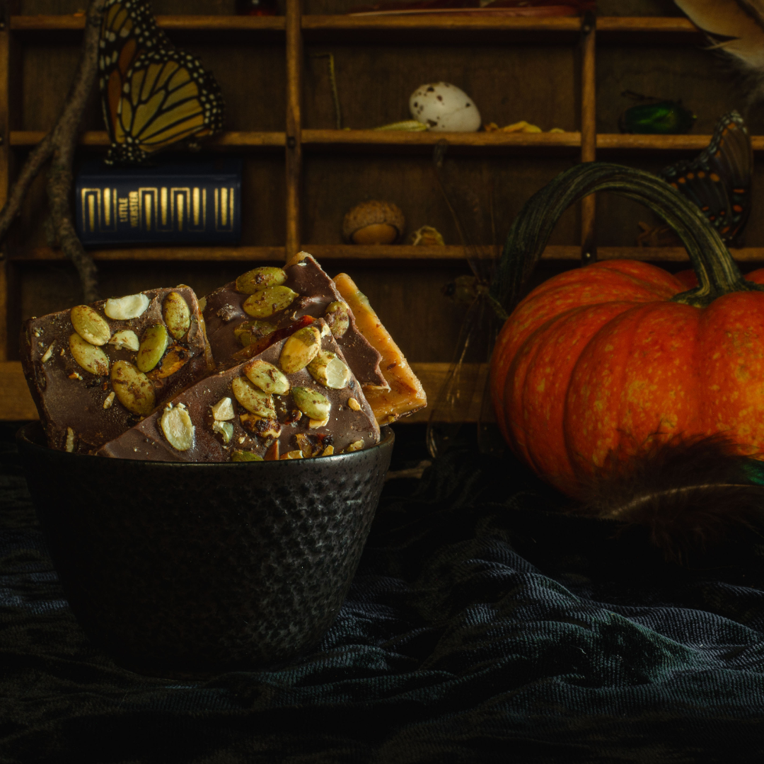 Bushwacker Toffee - Semi-sweet Chocolate, Pumpkin Pie Spiced Pepitas & Fresh Sage English Toffee