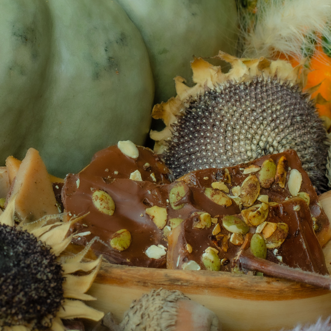 Bushwacker Toffee - Semi-sweet Chocolate, Pumpkin Pie Spiced Pepitas & Fresh Sage English Toffee